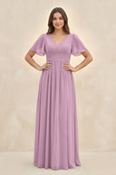 Short Sleeve Chiffon V - Neck A - Line Bridesmaid Dress in Wisteria - SHE IS ME Bridesmaid Dresses