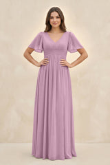 Short Sleeve Chiffon V - Neck A - Line Bridesmaid Dress in Wisteria - KISS BRIDAL Bridesmaid Dresses