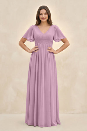 Short Sleeve Chiffon V - Neck A - Line Bridesmaid Dress in Wisteria - SHE IS ME Bridesmaid Dresses