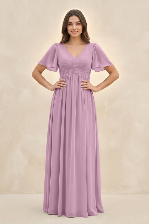 Short Sleeve Chiffon V - Neck A - Line Bridesmaid Dress in Wisteria - SHE IS ME Bridesmaid Dresses