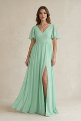 Short Sleeve V-Neck A-Line Chiffon Bridesmaid Dress in Pale Pistachio - KISS BRIDAL BRIDESMAID DRESSES