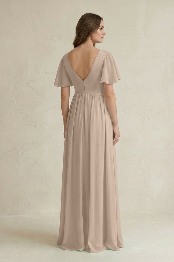 Short Sleeve V - Neck A - Line Chiffon Bridesmaid Dress in Almond - KISS BRIDAL Bridesmaid Dresses