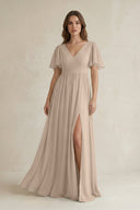 Short Sleeve V - Neck A - Line Chiffon Bridesmaid Dress in Almond - KISS BRIDAL Bridesmaid Dresses