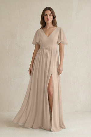 Short Sleeve V - Neck A - Line Chiffon Bridesmaid Dress in Almond - KISS BRIDAL Bridesmaid Dresses