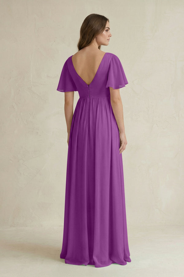 Short Sleeve V - Neck A - Line Chiffon Bridesmaid Dress in Amethyst - SHE IS ME Bridesmaid Dresses