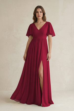 Short Sleeve V - Neck A - Line Chiffon Bridesmaid Dress in Berry - KISS BRIDAL Bridesmaid Dresses
