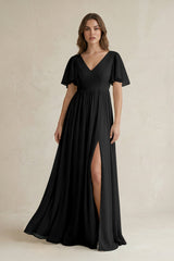Short Sleeve V - Neck A - Line Chiffon Bridesmaid Dress in Black - KISS BRIDAL Bridesmaid Dresses