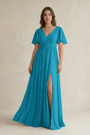 Short Sleeve V - Neck A - Line Chiffon Bridesmaid Dress in Blue Jay - SHE IS ME Bridesmaid Dresses