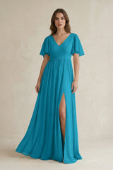 Short Sleeve V - Neck A - Line Chiffon Bridesmaid Dress in Blue Jay - KISS BRIDAL Bridesmaid Dresses
