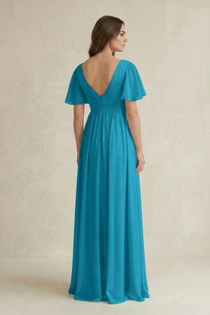 Short Sleeve V - Neck A - Line Chiffon Bridesmaid Dress in Blue Jay - SHE IS ME Bridesmaid Dresses