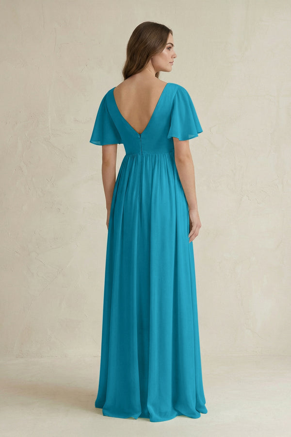 Short Sleeve V - Neck A - Line Chiffon Bridesmaid Dress in Blue Jay - SHE IS ME Bridesmaid Dresses
