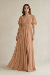 Short Sleeve V - Neck A - Line Chiffon Bridesmaid Dress in Bronzer - KISS BRIDAL Bridesmaid Dresses