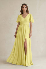 Short Sleeve V - Neck A - Line Chiffon Bridesmaid Dress in Buttercup - KISS BRIDAL Bridesmaid Dresses