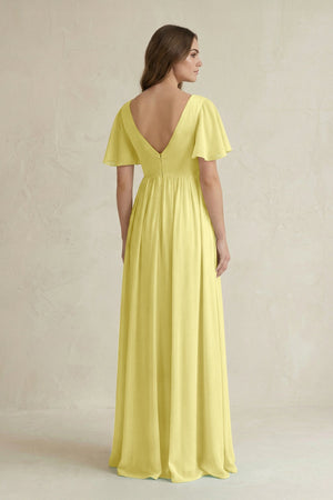 Short Sleeve V - Neck A - Line Chiffon Bridesmaid Dress in Buttercup - KISS BRIDAL Bridesmaid Dresses