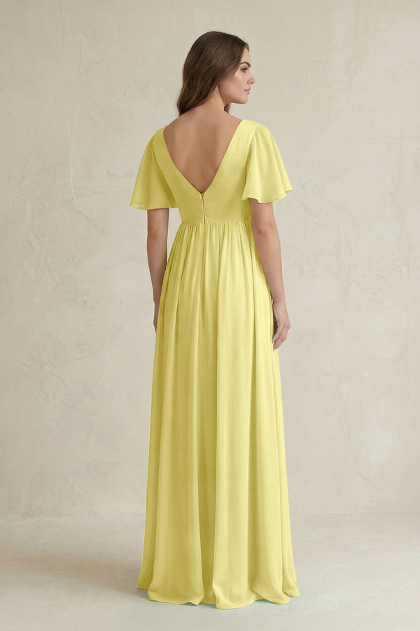 Short Sleeve V - Neck A - Line Chiffon Bridesmaid Dress in Buttercup - KISS BRIDAL Bridesmaid Dresses