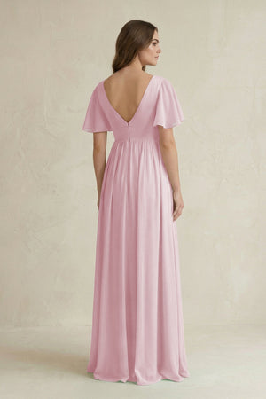 Short Sleeve V - Neck A - Line Chiffon Bridesmaid Dress in Candy Pink - KISS BRIDAL Bridesmaid Dresses