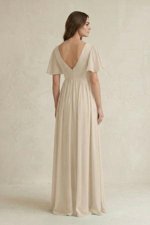 Short Sleeve V - Neck A - Line Chiffon Bridesmaid Dress in Champagne - SHE IS ME Bridesmaid Dresses