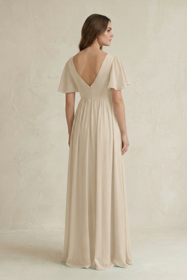 Short Sleeve V - Neck A - Line Chiffon Bridesmaid Dress in Champagne - SHE IS ME Bridesmaid Dresses