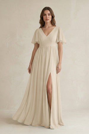 Short Sleeve V - Neck A - Line Chiffon Bridesmaid Dress in Champagne - SHE IS ME Bridesmaid Dresses