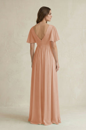 Short Sleeve V - Neck A - Line Chiffon Bridesmaid Dress in Champagne Rose - KISS BRIDAL Bridesmaid Dresses