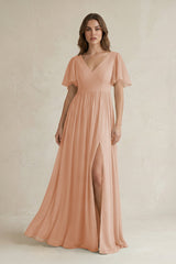 Short Sleeve V - Neck A - Line Chiffon Bridesmaid Dress in Champagne Rose - KISS BRIDAL Bridesmaid Dresses