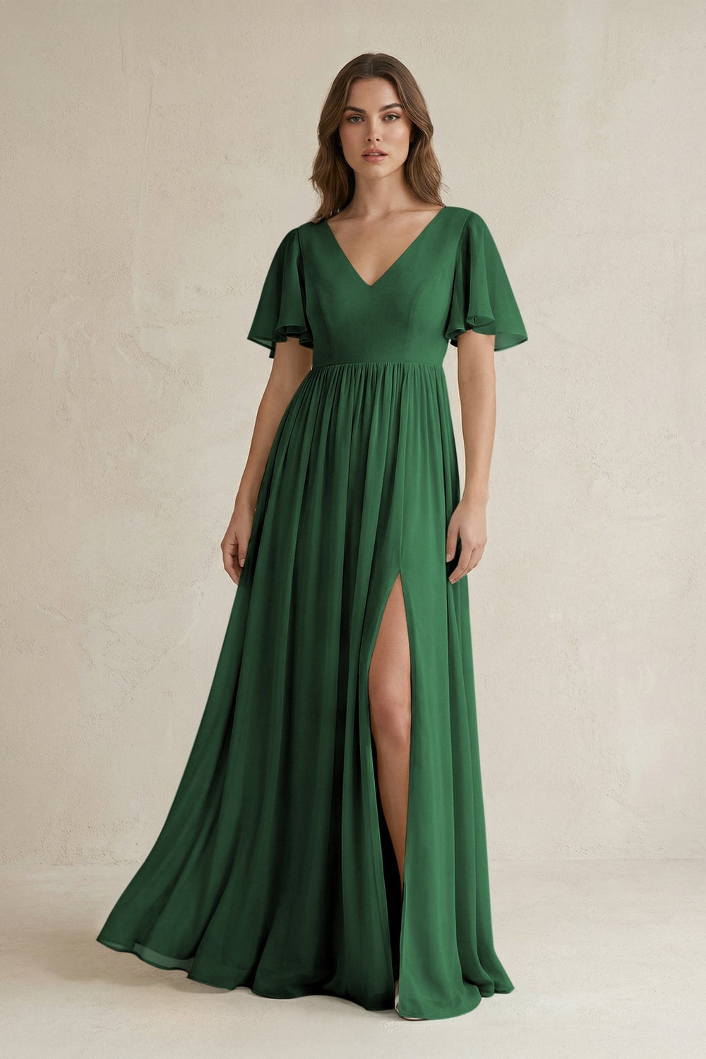 Short Sleeve V - Neck A - Line Chiffon Bridesmaid Dress in Dark Green - SHE IS ME Bridesmaid Dresses