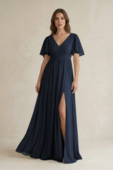 Short Sleeve V - Neck A - Line Chiffon Bridesmaid Dress in Dark Navy - KISS BRIDAL Bridesmaid Dresses