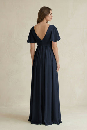 Short Sleeve V - Neck A - Line Chiffon Bridesmaid Dress in Dark Navy - SHE IS ME Bridesmaid Dresses