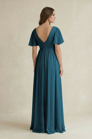 Short Sleeve V - Neck A - Line Chiffon Bridesmaid Dress in Dark Teal - SHE IS ME Bridesmaid Dresses