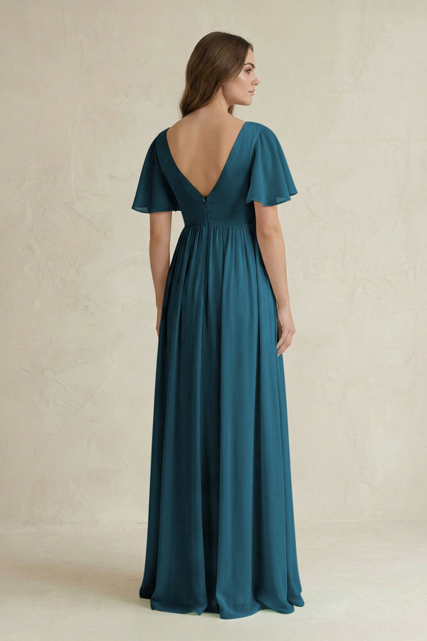 Short Sleeve V - Neck A - Line Chiffon Bridesmaid Dress in Dark Teal - SHE IS ME Bridesmaid Dresses
