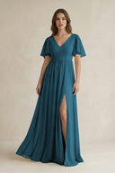 Short Sleeve V - Neck A - Line Chiffon Bridesmaid Dress in Dark Teal - SHE IS ME Bridesmaid Dresses