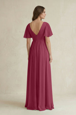 Short Sleeve V - Neck A - Line Chiffon Bridesmaid Dress in Desert Rose - SHE IS ME Bridesmaid Dresses