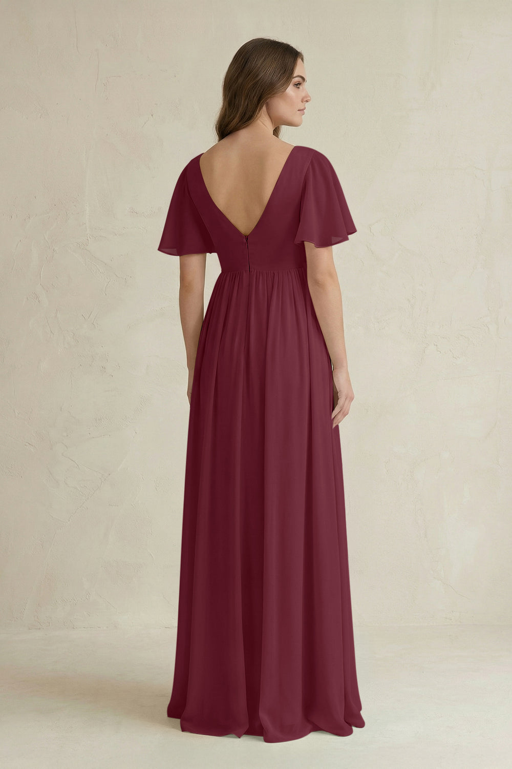 Short Sleeve V-Neck A-Line Chiffon Bridesmaid Dress in Desert Rose