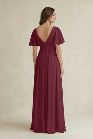 Short Sleeve V-Neck A-Line Chiffon Bridesmaid Dress in Desert Rose (2) | KISSBRIDAL