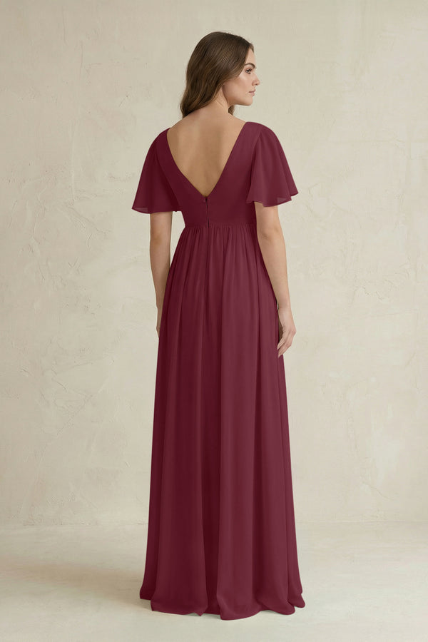 Short Sleeve V-Neck A-Line Chiffon Bridesmaid Dress in Desert Rose (2) | KISSBRIDAL