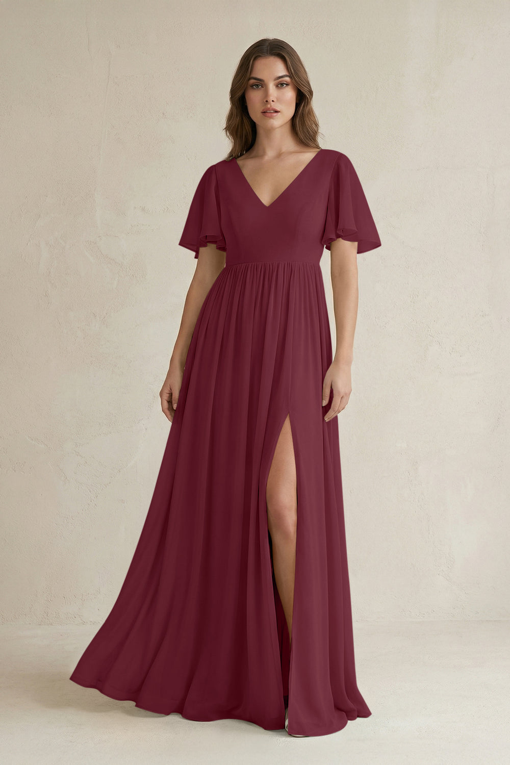 Short Sleeve V-Neck A-Line Chiffon Bridesmaid Dress in Desert Rose