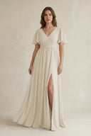 Short Sleeve V - Neck A - Line Chiffon Bridesmaid Dress in Dove Gray - SHE IS ME Bridesmaid Dresses