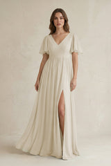 Short Sleeve V - Neck A - Line Chiffon Bridesmaid Dress in Dove Gray - KISS BRIDAL Bridesmaid Dresses