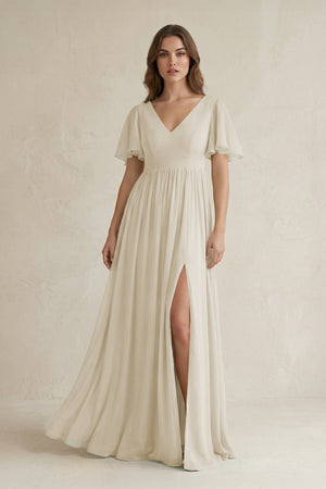 Short Sleeve V - Neck A - Line Chiffon Bridesmaid Dress in Dove Gray - SHE IS ME Bridesmaid Dresses