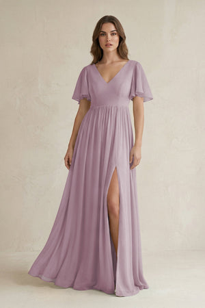 Short Sleeve V - Neck A - Line Chiffon Bridesmaid Dress in Dusk - SHE IS ME Bridesmaid Dresses