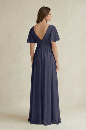 Short Sleeve V - Neck A - Line Chiffon Bridesmaid Dress in Dusk Blue - SHE IS ME Bridesmaid Dresses