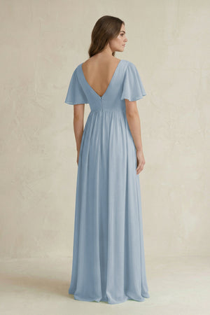 Short Sleeve V - Neck A - Line Chiffon Bridesmaid Dress in Dusty Blue - KISS BRIDAL Bridesmaid Dresses