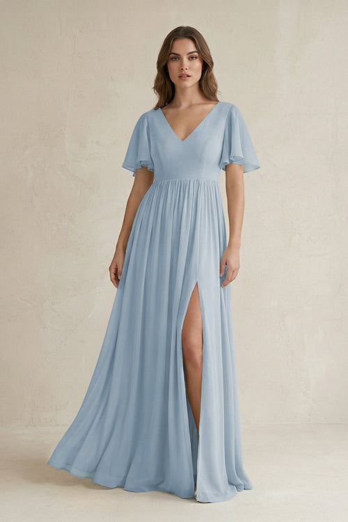 Short Sleeve V - Neck A - Line Chiffon Bridesmaid Dress in Dusty Blue - KISS BRIDAL Bridesmaid Dresses