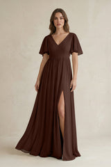 Short Sleeve V - Neck A - Line Chiffon Bridesmaid Dress in Espresso - KISS BRIDAL Bridesmaid Dresses