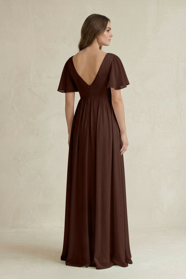 Short Sleeve V - Neck A - Line Chiffon Bridesmaid Dress in Espresso - SHE IS ME Bridesmaid Dresses