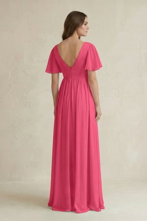 Short Sleeve V - Neck A - Line Chiffon Bridesmaid Dress in Fuchsia - KISS BRIDAL Bridesmaid Dresses
