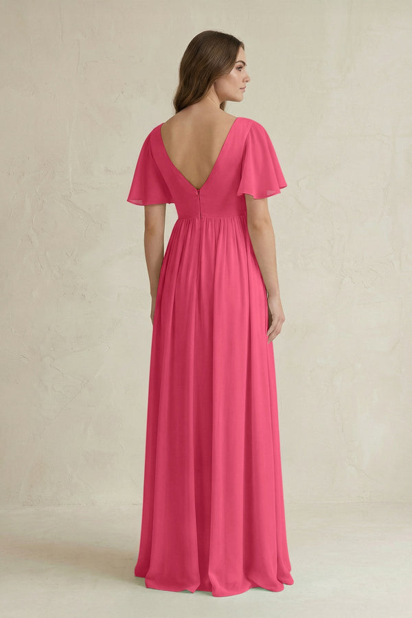 Short Sleeve V - Neck A - Line Chiffon Bridesmaid Dress in Fuchsia - KISS BRIDAL Bridesmaid Dresses
