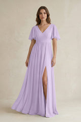 Short Sleeve V - Neck A - Line Chiffon Bridesmaid Dress in Lavender - KISS BRIDAL Bridesmaid Dresses