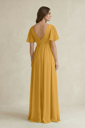 Short Sleeve V - Neck A - Line Chiffon Bridesmaid Dress in Marigold - SHE IS ME Bridesmaid Dresses