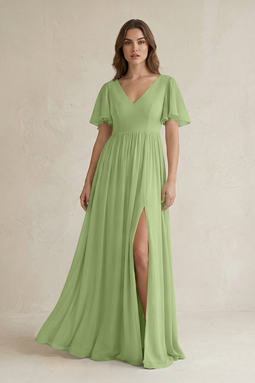 Short Sleeve V - Neck A - Line Chiffon Bridesmaid Dress in Matcha - SHE IS ME Bridesmaid Dresses